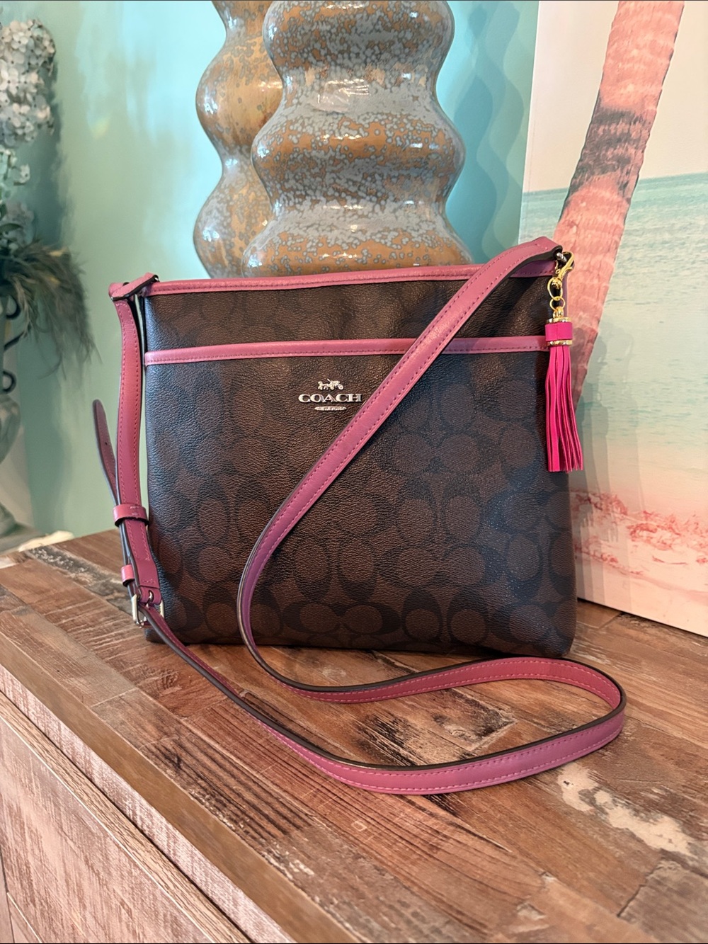 Coach Brown Signature Crossbody with Pink Trim beautiful